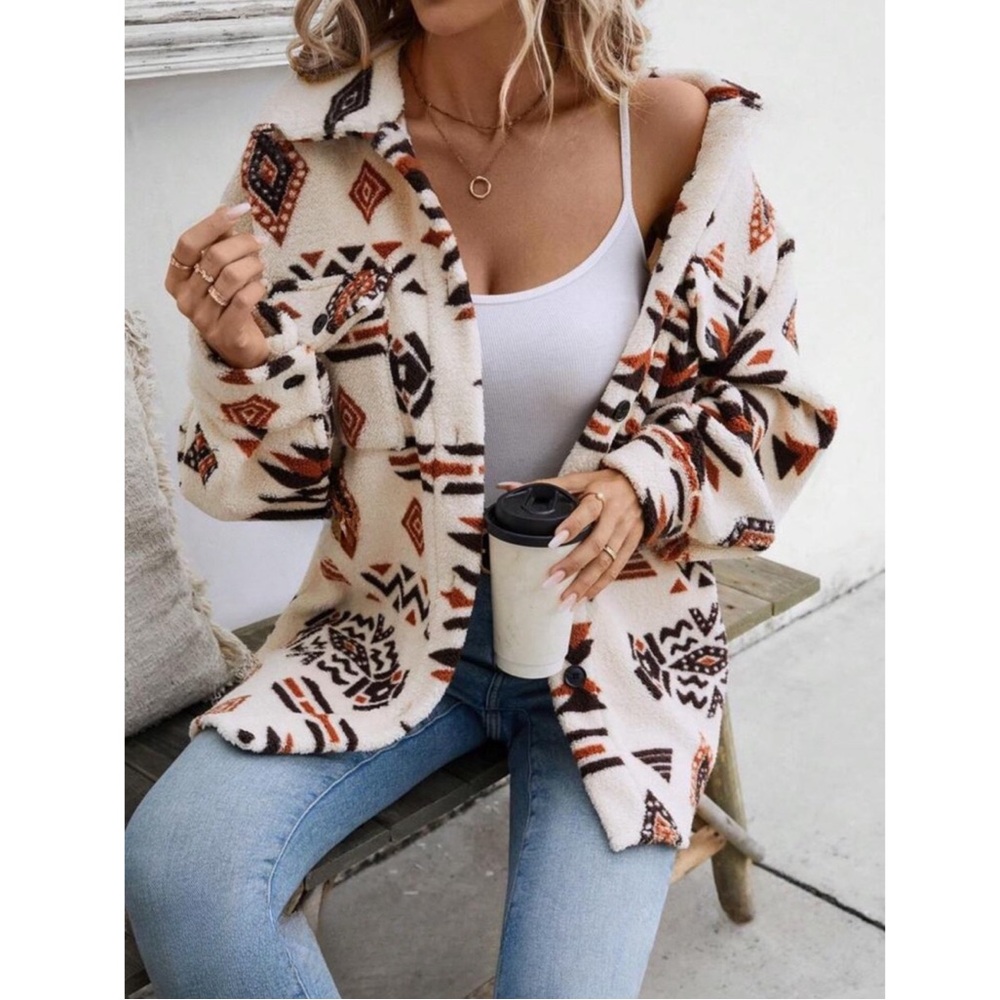 Boho Aztec Print Teddy Button Up Jackst - Picture 2 of 5